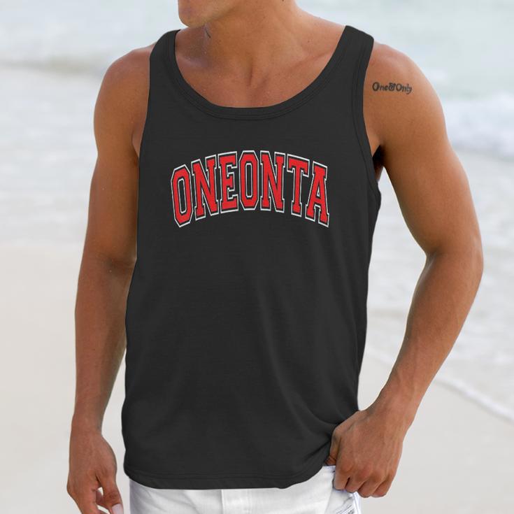 Oneonta Ny New York Varsity Style Red Text Unisex Tank Top Gifts for Her