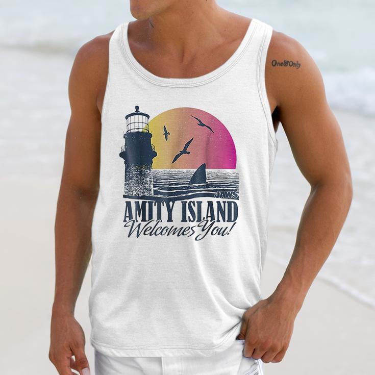 Jaws Sun Set Amity Island Welcomes You Graphic Unisex Tank Top Gifts for Her