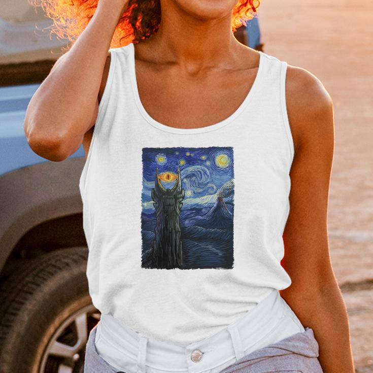 Vincent Van Gogh The Starry Night With Lord Of The Rings Middle Earth Sauron Tower Evil Eye Tshirt Unisex Tank Top Gifts for Women