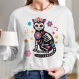 Womens Black Cat Sugar Skull Day Of Dead Mexican Dia De Los Muertos Women Long Sleeve Tshirt