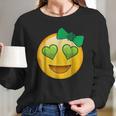 Emoji Saint Patricks Day Girls Green Heart Eyes Bow Long Sleeve T-Shirt Gifts for Her